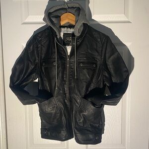 Royalty For Me Black Leather Bomber Jacket with Gray Hood